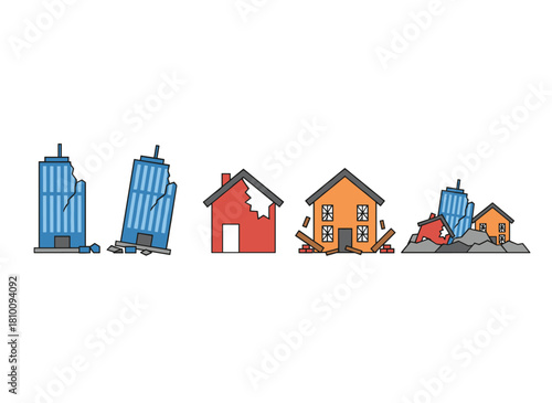 Collapsed, ruined buildings and abandoned houses