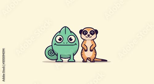 Cartoon image features a green chameleon and a meerkat standing side-by-side