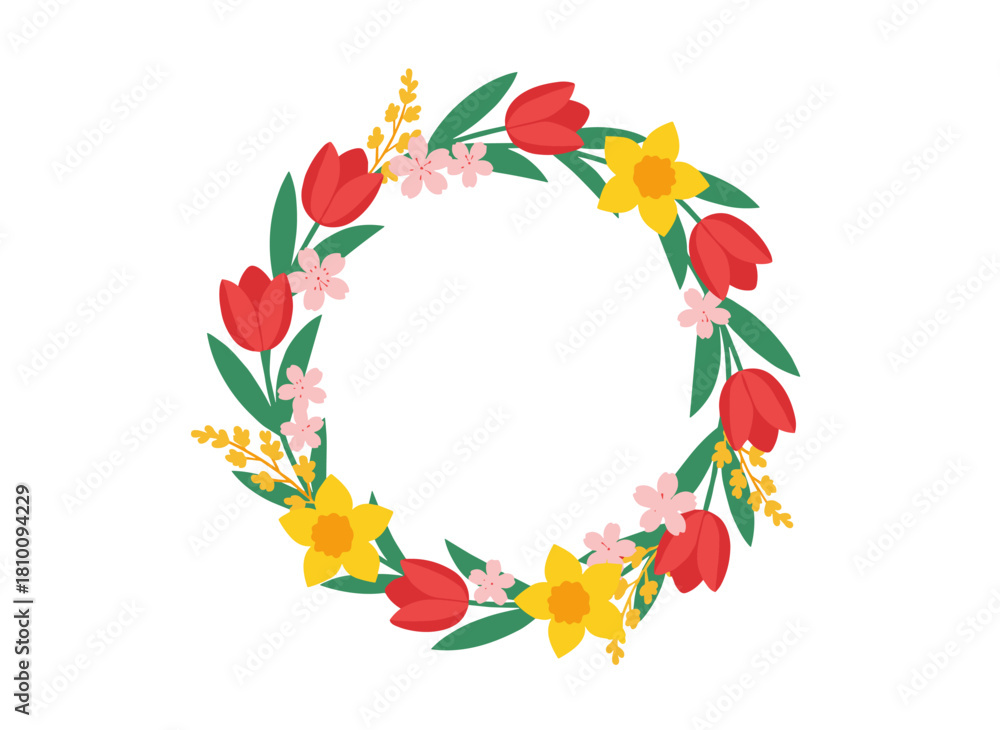 Naklejka premium A circular wreath of vibrant seasonal garden flowers and leaves, featuring “Spring Sale” lettering inside, serves as a natural springtime decoration in a modern flat floral illustration style