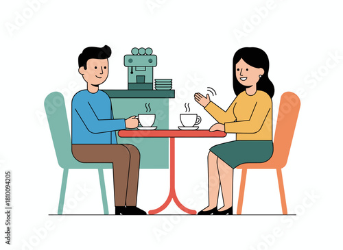A cartoon couple enjoys a romantic coffee date together in a flat vector illustration, with a happy man and woman seated at a table, communicating in a cafe isolated on white, feeling joyful love
