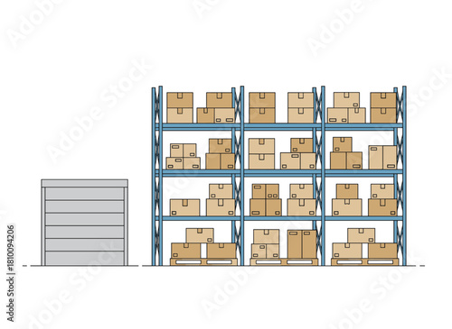 A flat vector illustration of a warehouse interior featuring carton boxes on metal shelves, an empty storehouse panoramic backdrop for goods storage, and a  room with cardboard cargo and shutter