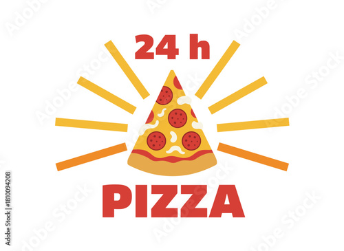 Stylish logo featuring a pizza slice and radiating rays on a white backdrop, a vibrant hand‑drawn retro illustration suitable for an Italian restaurant's label or logo, offering 24‑hour food delivery