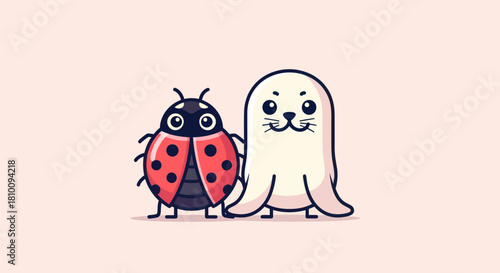 A stylized cartoon ladybug and seal stand side-by-side on a light-pink background