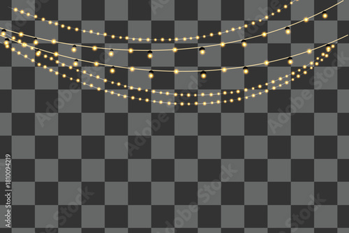 Transparent festive light with gold garland ribbon glowing string lamp led border decoration holiday card background party design transparent vector winter celebration banner happy year