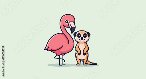 A pink flamingo and a meerkat stand together in a cartoon style