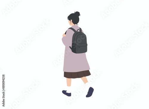 A faceless schoolgirl in a violet coat walks with a backpack, depicted as a flat vector cartoon illustration on a white background