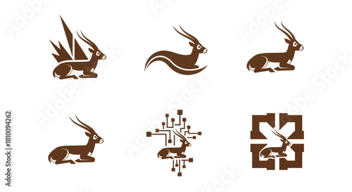 Six stylized illustrations of a gazelle, some with abstract elements, all with brown color