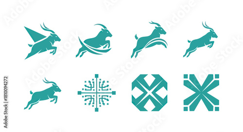 Eight teal-colored designs on white. Jumping animals and geometric shapes are depicted