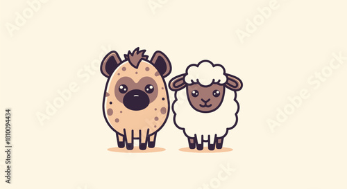 Cartoon illustration featuring a spotted hyena and a fluffy sheep side-by-side