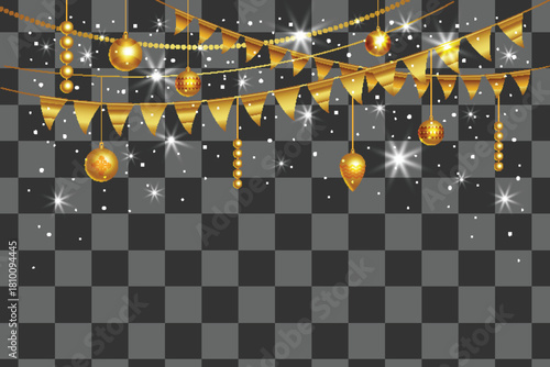 Golden christmas bunting flags and baubles with sparkles on transparent background.