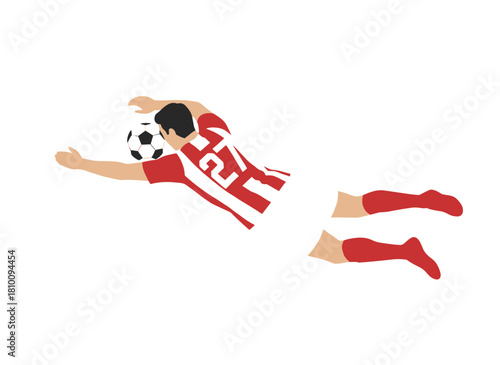 A soccer player leaping to score, hit, or return the ball, wearing a uniform and playing European football, portrayed as a dynamic professional footballer in a flat vector illustration set against a