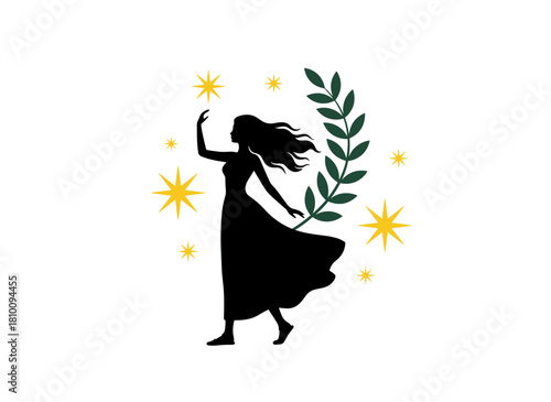 A feminine muse, a goddess figure, depicted as an abstract silhouette of a woman with an unknown soul, accompanied by a girl's spirit, plant branches, and stars, embodying the concept of femininity