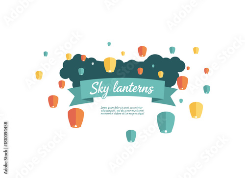 A stunning horizontal banner featuring luminous Kongming lanterns drifting across the evening sky, with space for text, set against a backdrop of national Chinese holiday airborne decorations