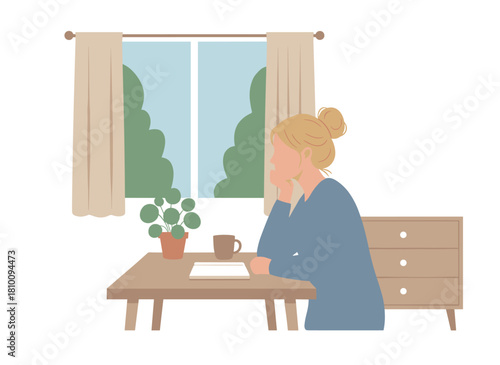 A content, relaxed woman, dreaming and imagining after reading a book, sits by the window at home, lost in thought and fantasy, depicted as a flat vector illustration on a white background