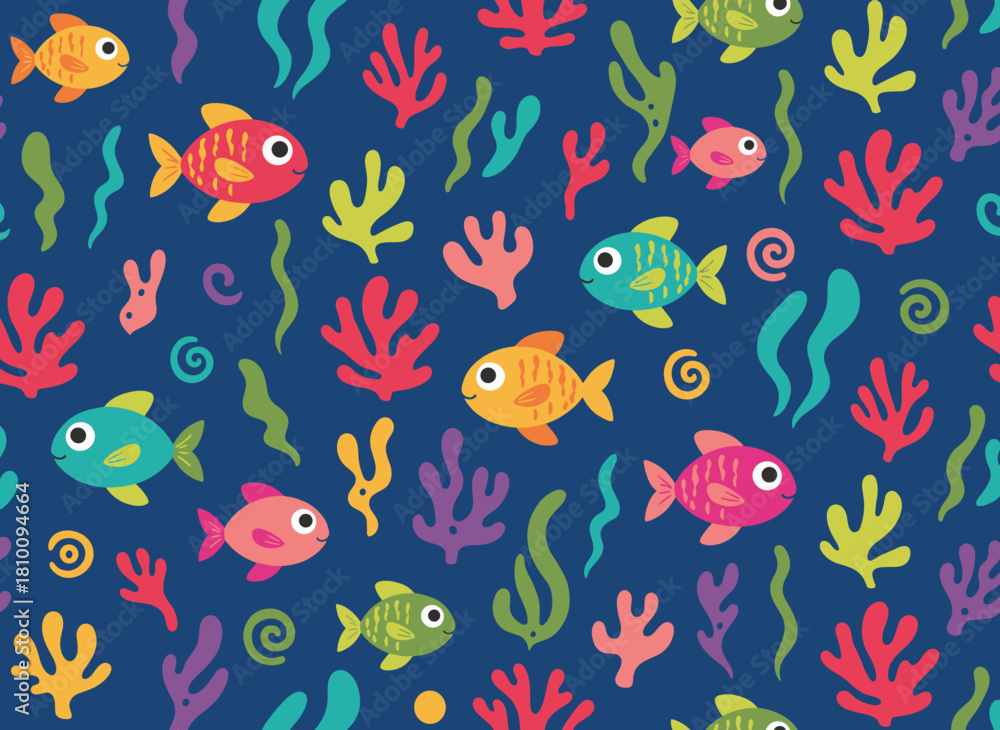 Obraz premium A seamless pattern of sea fishes, an endless marine background with cute underwater animals and aquarium species, tropical ocean fauna in a repeating print and texture design, rendered as a colored