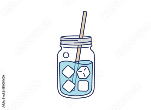 A clear, cold, sparkling water drink in a glass jar with a lid and handle, served with ice cubes in a sealed cup, depicted as a flat vector illustration on a white background
