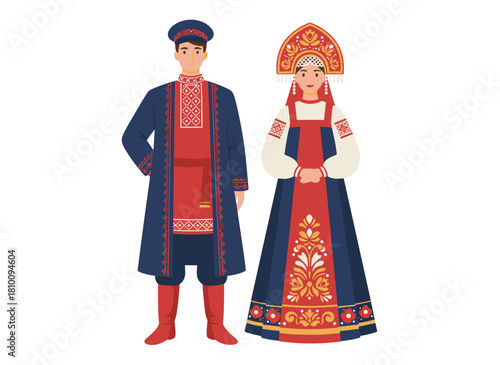 A woman and a man wearing traditional Russian national costume, with the woman in a kokoshnik and sarafan and the man in bast shoes and an ornamented shirt, depicted as a flat vector illustration on