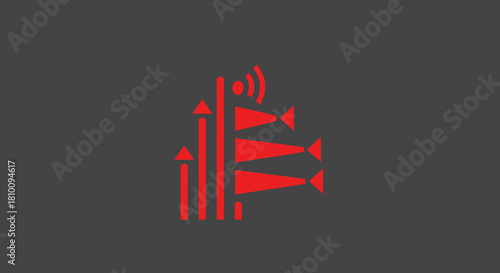 Red communication tower with directional signals, on gray