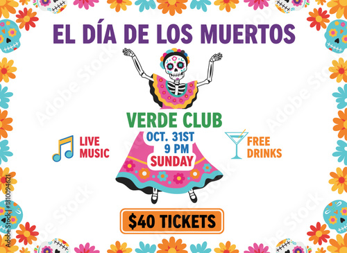 Design a vertical flyer for Dia de los Muertos featuring a cheerful, spooky dancing Catrina skeleton in a flat colored vector illustration for a Mexican holiday party poster