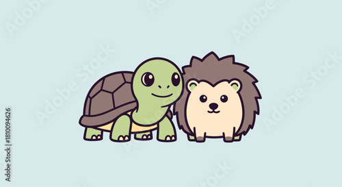 Cartoon illustration featuring a friendly turtle and hedgehog on a light blue background