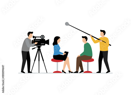 A talk show studio with hosts interviewing and discussing, people recording a TV program, a cameraman, and journalists at work, on‑air news, depicted as a flat vector cartoon illustration on a white