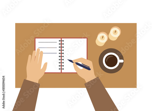 Top‑view flat vector illustration of a desk lit by candles, a coffee cup, and a woman’s hands jotting a plan in a notebook while she fills a to‑do list with goals and aims