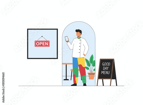 A young male stands alone outside a restaurant in downtown, holding a smartphone near a cafe, illustrated as a flat vector image