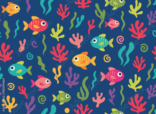 A seamless pattern of sea fishes, an endless marine background with cute underwater animals and aquarium species, tropical ocean fauna in a repeating print and texture design, rendered as a colored