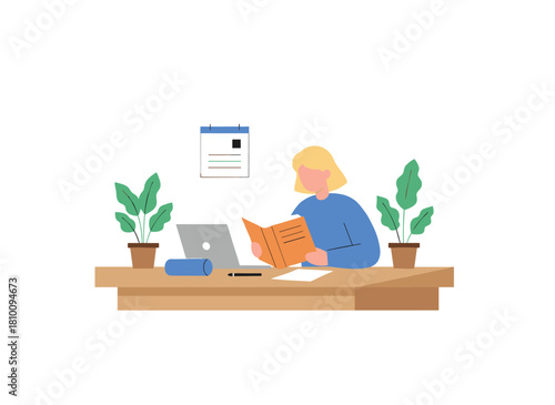 A child works on challenging homework at home, studying with a book and laptop at a desk, deep in thought, anxious about failing the assignment, depicted in a flat vector illustration on a white