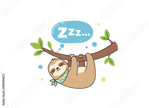 Cute sloth dozing on a branch, a relaxed jungle creature resting in the rainforest canopy, depicted as a humorous cartoon figure set against a plain white backdrop, illustrated in colorful hand‑drawn