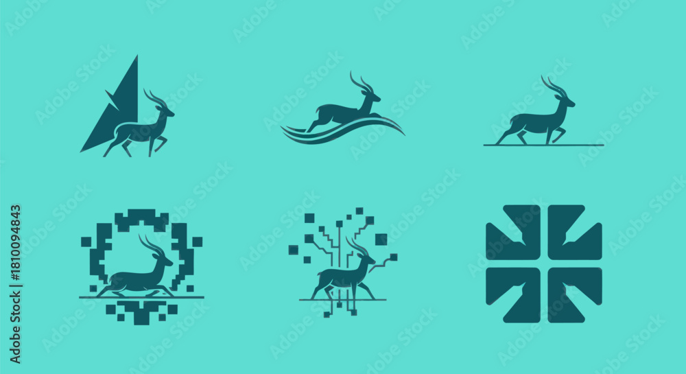 Naklejka premium Teal antelope logos with abstract geometric backgrounds, various poses