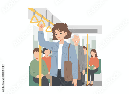 A drowsy woman, tired from the early morning commute, naps alone on a bus, depicted in a flat vector illustration against a white background