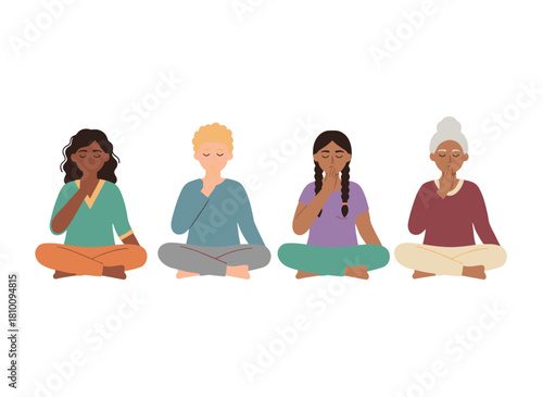 A group of young men and women sit cross‑legged on the floor, practicing Pranayama breathing and meditation, depicted in a colorful flat cartoon vector illustration