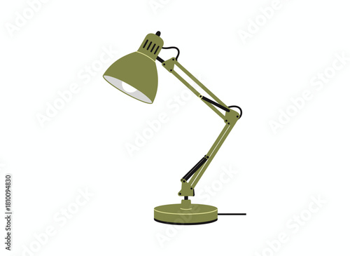 A flat vector illustration of an adjustable desk lamp with a flexible arm, electric bulb, and shade, serving as office table lighting and spotlight, set against a white background