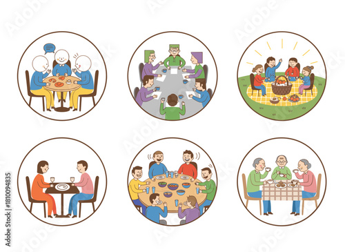 Top‑view flat vector illustrations of people, families, and friends sitting together at a table, eating dinner at home or in restaurants, set against a white background