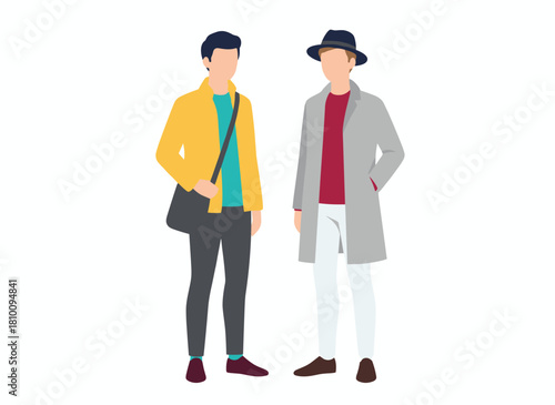 Two young men in fashionable outerwear smile, walk side by side, and embrace, forming a stylish gay couple depicted as cute cartoon characters on a white background in a colorful flat illustration