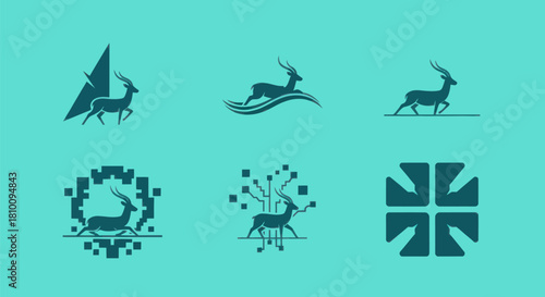 Teal antelope logos with abstract geometric backgrounds, various poses
