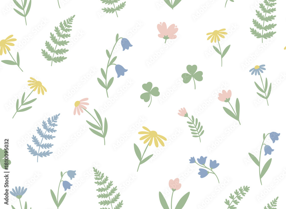 Fototapeta premium An uninterrupted backdrop featuring a repeating botanical design of wild flowers, spring and summer herbs, and floral herbal plants, rendered as a colored flat vector illustration for fabric and