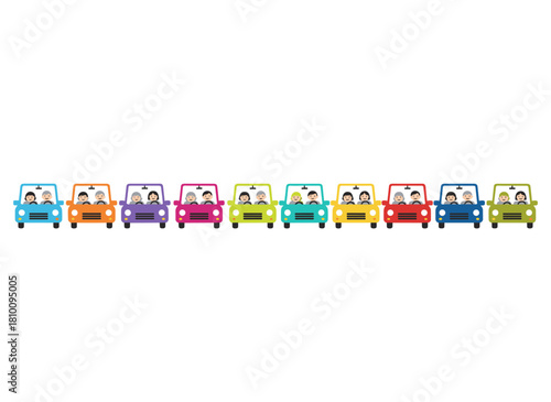 Front‑view illustration of a car set showing the driver and passengers steering during a road trip, with people visible from the windshield, rendered as flat vector graphics on a white background