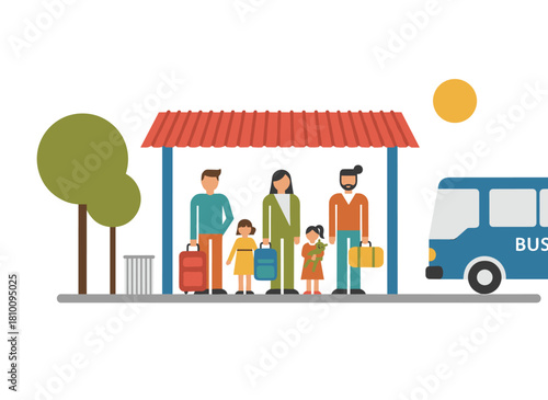 A colored flat graphic vector illustration of people waiting for a bus at a suburban public transport stop, with a family carrying backpacks seated on a bench under a station shelter on a summer day