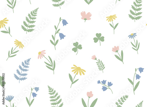 An uninterrupted backdrop featuring a repeating botanical design of wild flowers, spring and summer herbs, and floral herbal plants, rendered as a colored flat vector illustration for fabric and