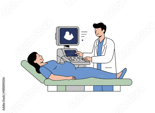 A cartoon illustration of a female doctor using an ultrasound scanner on a pregnant woman, depicted in a flat vector style, showing a joyful expectant mother during a medical checkup on a white