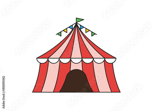 A flat vector illustration of a colorful red circus tent festooned with a flag garland and flags, featuring a striped marquee facade for an entertainment area where artists and trained animals