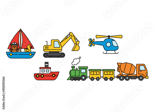 A set of children’s transport toys featuring a charming nursery train, ship, sailboat, excavator, truck, and helicopter for play and fun, presented as flat vector illustrations in a kindergarten