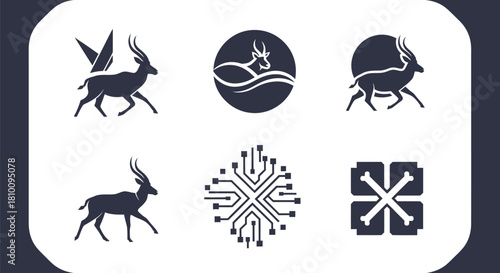 A collection of simple antelope and abstract geometric shapes in black and white