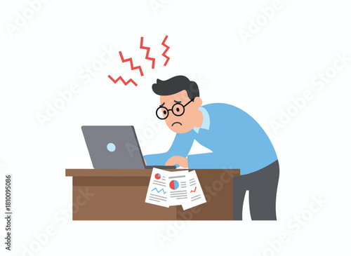 A stressed business man faces work problems in a flat vector illustration, shown as an office worker anxiously staring at his laptop screen in isolation, feeling something has gone wrong