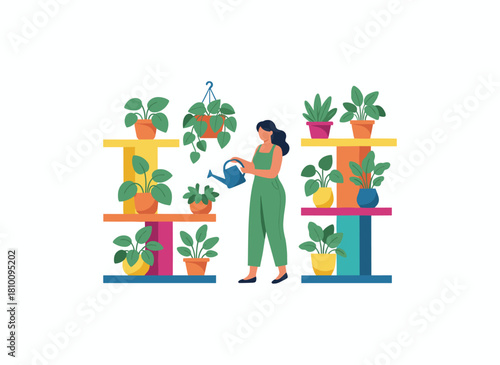 Cheerful young woman tending to houseplants in planters, enjoying her hobby of cultivating potted plants at home, depicted in a bright flat cartoon vector illustration