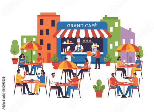 A colorful flat-style illustration shows numerous tiny figures seated at an outdoor sidewalk café, coffeehouse, or restaurant, with tables and chairs on a city street set against building facades