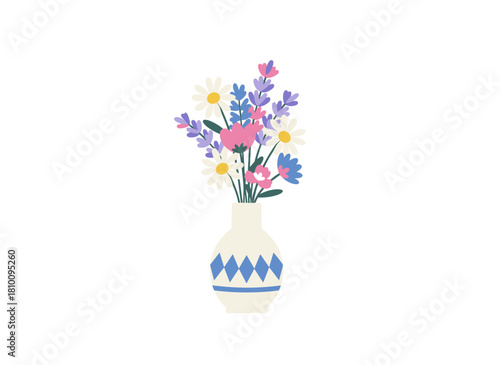 A flat cartoon vector illustration of a ceramic vase holding a spring bouquet of freshly cut meadow flowers, featuring daisies, lavender, and cosmos