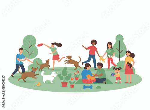 Illustration of volunteers feeding and playing with stray cats and dogs at an animal shelter, pound, rehabilitation, or adoption center, depicted in isometric vector style